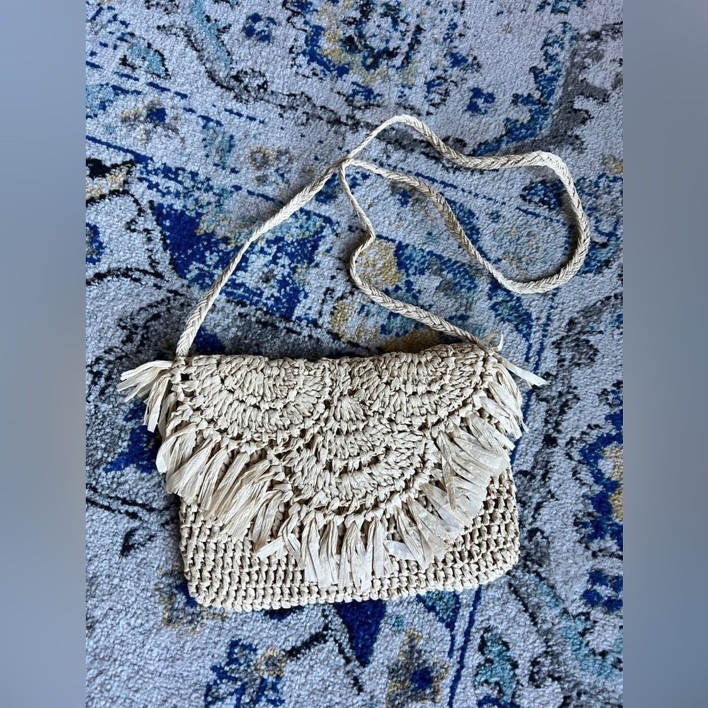 BTB Straw Tassel Cross Body Bag in tan